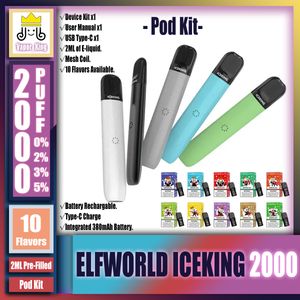 Kit original de dosette de dispositif ELFWORLD ICEKING 2000 bouffées rechargeables, puce de champion fiable, stylo vape jetable 0% 2% 3% 5% avec batterie 380mAh 2ml vs Reload 6000