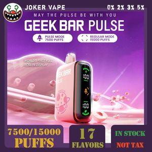Original Geek Bar Pulse 15000 Puff Jetable Vape Pen 5% Niveau 16ml Prérempli 650mAh Batterie Rechargeable 17 Saveurs 15k Puffs Vapes Kit 100% Original