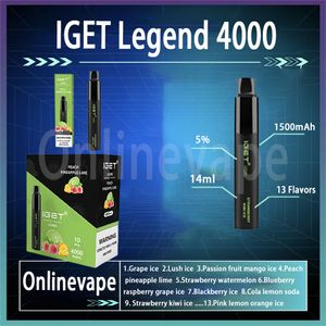 Best-seller IGET Legend 4000 Puff E Cigarette jetable rechargeable Vape Pen dispositif 1350mah 12ml bobine de maille 13 saveurs 5%