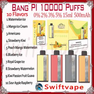 Qualité d'origine Bang Pi 10000 Puffle jetable E cigarette 10 saveurs 15 ml Pod Batterie rechargeable 500mAh 10k Puffes 0% 2% 3% 5% Kit de stylo de vape