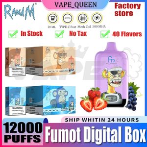 Boîte numérique originale RandM Fumot 12000 bouffées Randm 12000 bouffée jetable 12K 850mAh Type-C charge 20 ml avec batterie et affichage Ejuice 40 saveurs 0% 2% 5% E Cig Kit