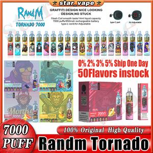 Randm Tornado 7000 Puffle à vape jetable Pen 7K Cigarettes électroniques 14 ml Coil en maille 6 Couleurs brillantes couleurs rechargeables à air 0% 2% 3% 5% INSTOCK DE BAR