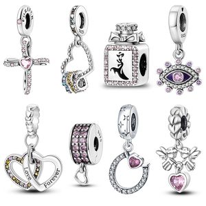 S925 ORIGINAL STERLING Silver Charm Pink Cross Love Heart Perfume Pendant convient au bracelet bricolage bijoux de mode