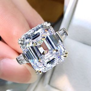 Original Sier Square Ring Asscher Cut simulé Diamond Wedding Engagement Tail Femmes Topaz Rings Finger Fine Bijoux