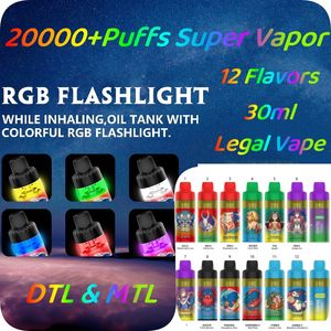 Sunfire Stars 20000 Puffs Disposable Vape Pen Randms 15000 Puff 20000 E Cigarettes 10/20 / 30 ml Pod Mesh Coil 6 Éclairage incarnable Air-ajusté 0/2/3/5% Appareil