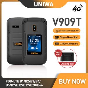 Original UNIWA V909T 4G Flip Phone Radio FM Grand Clavier Téléphone Portable à Clapet Débloqué Grand Bouton-Poussoir Double Écran Téléphone Mobile Pour Personnes Âgées