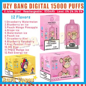 Original UZY Bang Digital 15000 Puff desechable Vape Pen 20 ml Pod Mesh Coil 850mAh Dispositivo de batería al por mayor Vape Puffs 15000 Cigarrillo electrónico