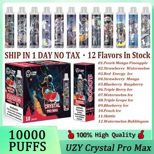 Original UZY Crystal Pro Max 10000 Puff Cigarettes E jetables 1.2ohm Bobine de maille 16 ml Pod Batterie rechargeable Cigs électroniques Puff 10K 0% 2% 3% 5% RBG Light Envoi rapide