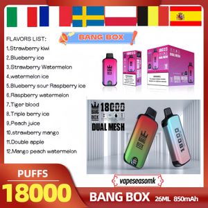 Original BANG BOX 18000 Puffs Vape jetables E-cigarettes 0/2/3/5% 12 saveurs 26 ml Bobine de maille de dosette pré-remplie 850 mAh avec écran d'alimentation liquide E Liquid Dispaly vape 18k bouffée