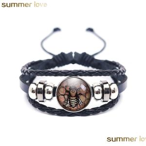 Autres Bracelets De Mode À La Main Mti Couche Tressé Belle Abeilles Art Photo Verre Cabochon Noir En Cuir Wrap Bracelet Pour Hommes Femmes Dhtjo