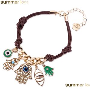 Otras pulseras venden pulsera de cuero de ojo azul Lucky Evil con Hamsa Hand Of Fatima Charm Cuerda de cera para niñas mujeres joyería al por mayor Dhypv