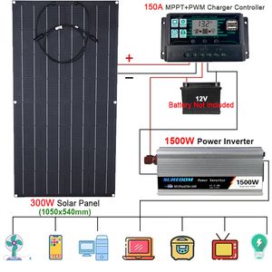 Autres appareils électroniques Système d'alimentation solaire 1500W Kit onduleur 110/220V Panneau solaire 300W Chargeur de batterie complet Contrôleur 150A Car Home Caravan Boat 230715