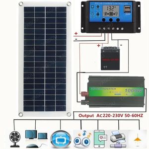 Autres appareils électroniques 220V Kit de panneau solaire complet Puissance réelle 15W Chargeur de batterie solaire Système d'onduleur 1000W Contrôleur USB 220V Réseau domestique Camping 230715