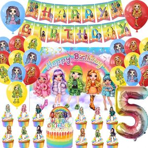 Autres fournitures de fête d'événement Rainbow Doll Girl Birthday Party Décoration Princesse Girl Rainbow Balloon Banner Cake Topper Toile de fond Fournitures de fête Jouets pour enfants 231017