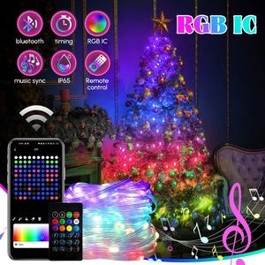 Autres fournitures de fête d'événement RGB IC Christmas Fairy Light Smart APP One-to-One Control String Light Bluetooth USB étanche LED Light Xmas Tree Garland 231214