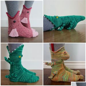 Autres fournitures de fête festives Chaussettes de Noël Shark Fish Caméléon Clogodile Tricoté Mignon Nouveauté Unisexe Hiver Chaud Chaussette Hommes Dhhgt