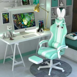 Autres meubles Chaise de jeu vert clair Kawaii avec oreilles de lapin Chaise de joueur ergonomique et mignonne avec repose-pieds et massage Q240129