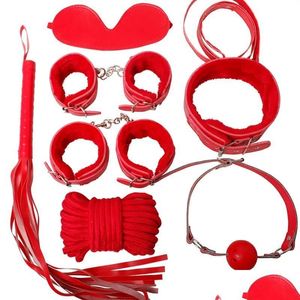 Otros artículos de belleza para la salud 7 piezas Bondage Set Mano Tobillo Puños Ojo Collares Boca Mordaza Cuerda Látigo Juguetes Entrega de gota Dhds3