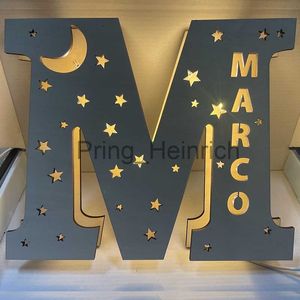 Other Home Decor Customized Wall Decor LED Night Light 24 Letters with Name Stars Moon Bedroom Decor Baby Wooden Sign Lamp Christmas Kids Gifts J230629
