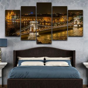 Autre décor à la maison Modulaire Vintage Night View Photos 5 Panneau Hongrie Ville Peintures sur toile Pont Art mural pour salon HD Imprimer