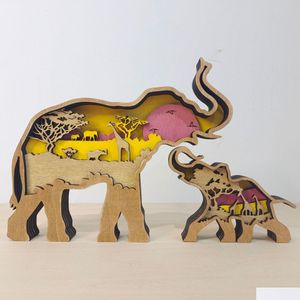 Otra decoración del hogar Mon And Son Elephant Craft 3D Laser Cut Material de madera Regalo Artesanía Set Forest Animal Table Decoration Ele Statue Dhyig