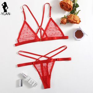 Other Panties Sexy Women Bra Set Red Dot Lingerie See Through Intimates Bralette Briefs s Fashion Mesh Underwear Bandage 230307
