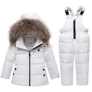 Autres articles de sport Enfants Fourrure À Capuchon Garçon Fille Canard Down Ski Ensembles Chaud Enfants Snowsuit Vêtements D'hiver Manteaux Manteaux Garçon Filles Down Ski suit HKD231106