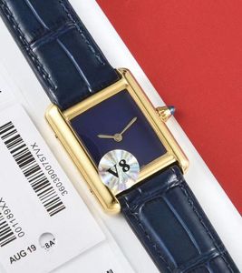 Autres montres Hommes Femmes cadran bleu montre mouvement à quartz montres bracelet en cuir couleur or boîtier 09