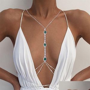 Otro y cristal verde cadena de pecho arnés de acero inoxidable vientre cintura cuerpo joyería collar para mujeres accesorios de ropa gota deliv dhwqn
