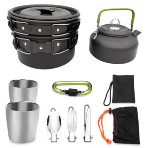 Outdoor Camping Hiking Picnic Teapot Pot Set Portable Cookware Mess Kit Carabiner Camping Cookware Stove