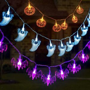 Luces decorativas de Halloween para exteriores, 1,5 m/10 Uds., guirnalda de luces LED con calabaza, araña, murciélago, Calavera, funciona con pilas para fiesta de Halloween en interiores