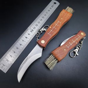 Cuchillo plegable multifunción para exteriores con cepillo, herramienta EDC, cortador de llavero, mango de madera