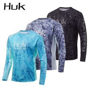 Camisas al aire libre Camas de pesca Huk SPF 50 Húmedo mimado Poliéster Performance Fishing Wear Men Camisas de pesca sublimadas con manga larga 230817