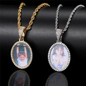 Cadre photo ovale personnalisé avec pendentif à dos solide, collier plaqué or et argent pour hommes, bijoux Hip Hop scintillants, cadeau