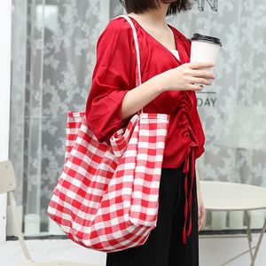 Over Large Gingham Vintage Canvas Tote Bags 2021 Mujeres Adolescentes Casual Farbic Daily Reutilizable Shopper Bag Mujer Gran bolso abierto