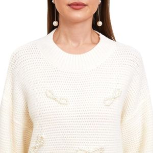 Sweat-shirt surdimensionné avec perles et nœud papillon, manches longues, col rond, fente latérale, tricot pour femmes