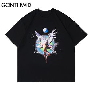 Camisetas de gran tamaño Camisas Harajuku Wing Horse Print Camisetas Streetwear Hip Hop Casual Verano Moda Camiseta de algodón Tops 210602