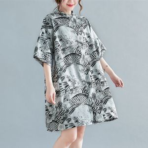 Vestido de camisa informal suelto de gran tamaño para mujer, nuevo verano, estilo chino Vintage, estampado Floral, vestidos hasta la rodilla para mujer S3526 210412