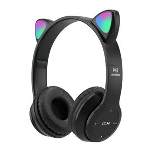 Écouteurs sans fil Bluetooth P47M, casque d'écoute chat mignon, Audio stéréo, casque de jeu de sport avec micro, lumières LED, pour filles