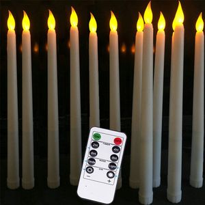 Paquet de 6 bougies LED de Noël à lumière vacillante avec télécommande Batterie de 10 pouces de long Bougies décoratives blanc chaud Bougies chauffe-plat rondes en cire en forme de cloche