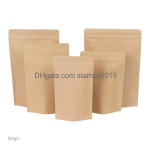 Sacs d'emballage en gros 11 tailles papier kraft brun stand-up thermoscellable refermable pochette zippée feuille intérieure sac d'emballage de stockage des aliments Dhhxt