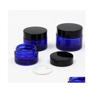 Botellas de embalaje 20G 30G 50G Frascos cosméticos de vidrio azul cobalto Redondos para crema de bálsamo labial con tapa negra Revestimientos internos de Pp Entrega directa de Dhu4L
