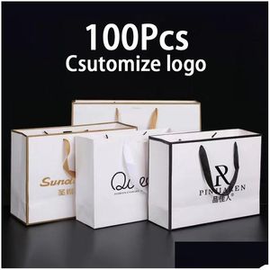 Papel de embalaje Embalaje al por mayor de 100 piezas Personalización de regalos personalizados Paquete de ropa de negocios Kraft Bolsas Fiesta de boda Dhkmi