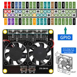 Tampons à chaleur pour framboise PI 4 modèle 4b 3b 3a LED double 2 Module de refroidisseur du ventilateur de refroidissement GPIO Radiateur de la carte de développement d'extension GPIO