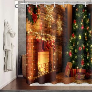 Pads Cortina de ducha 3D estampado Santa Elk Regalo de Navidad Impermeable Cortina de baño de poliéster Decoración del hogar 2022 Cortinas de dormitorio de año nuevo