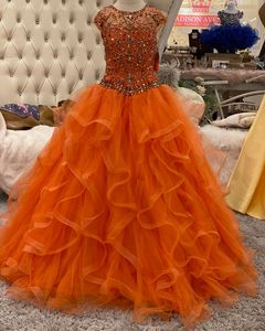 Robes de concours de beauté pour nourrissons, tout-petits et adolescents 2021 Ritzee Roise Robe de bal orange à volants en tulle longue fille robes de soirée formelles manches courtes à lacets dans le dos cristaux