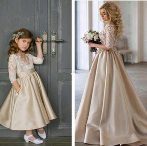 Pageant Nouveau champagne en dentelle blanche Satin Appliques à manches longues Longue de la cheville Child Glitz Flower Girls Robes pour les mariages