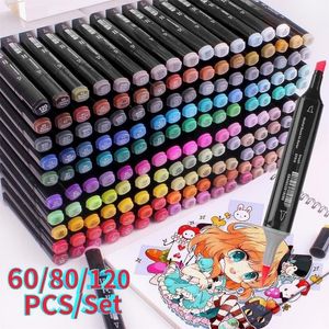 Stylos de peinture 18 24 30 40 60 80 120 couleurs marqueurs d'art unique pinceau stylo croquis à base d'alcool double tête Manga dessin fournitures 230601