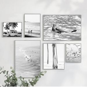 Peinture surf côtier décor pour salon Surf affiche californie mur Art noir et blanc océan impression plage toile Woo