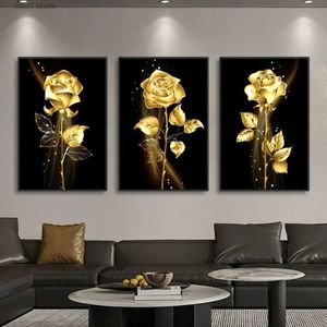 Pinturas 3 piezas de rosas doradas lienzo negro pintura al óleo nórdico moderno salón arte de la pared decoración imágenes arte de la pared obras cartel impresión T240309